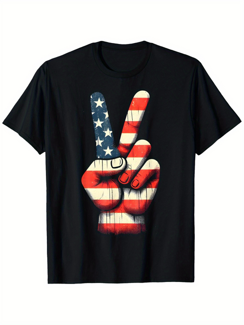 Men's Graphic T-Shirt Distressed American Flag Patterned Peace Hand Gesture
