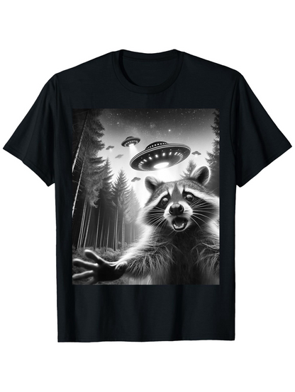 Men's Graphic T-Shirt Night Forest With UFO Lights Shining Over Surprised Raccoon
