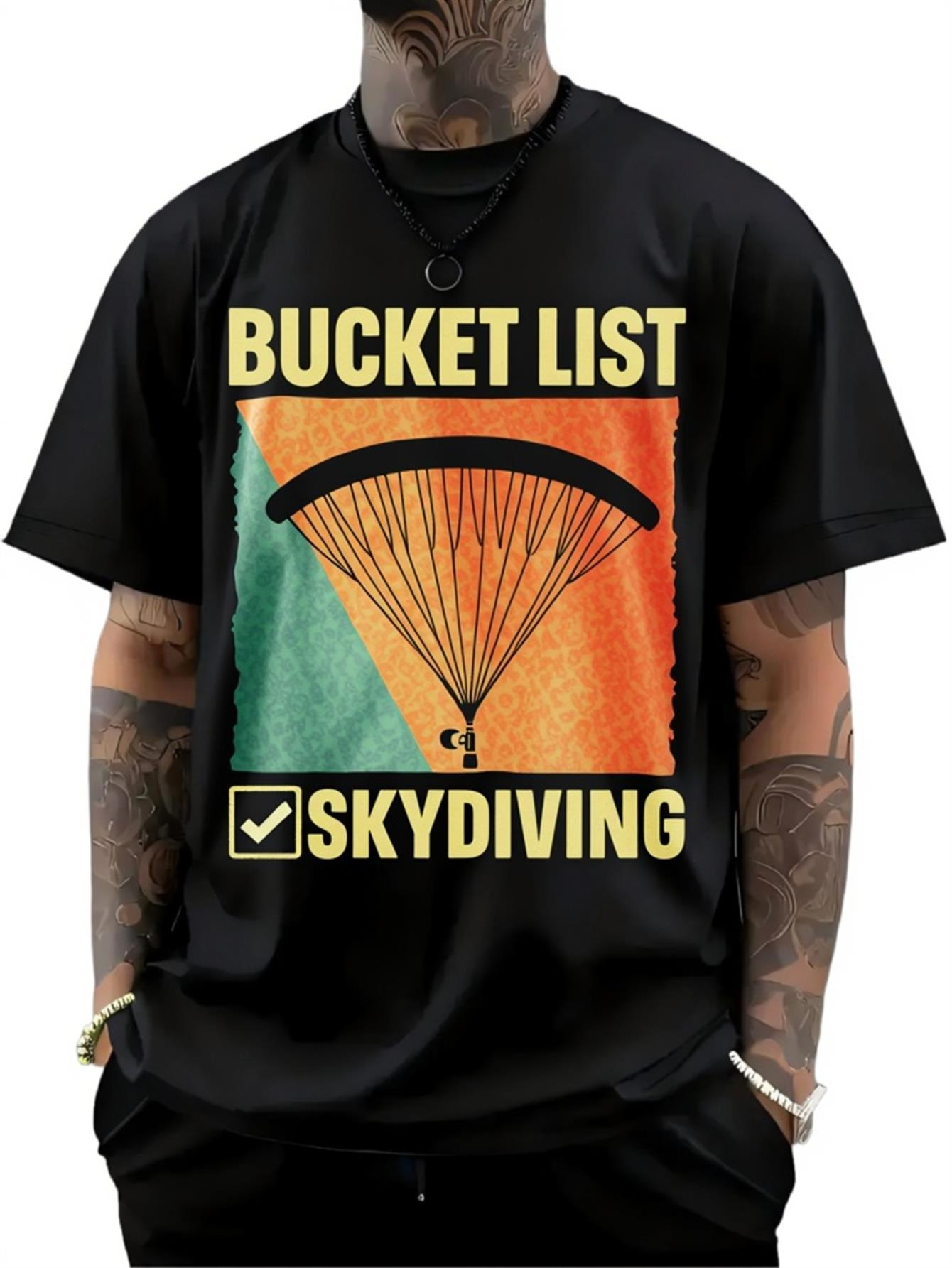 Men's Graphic T-Shirt Bucket List Skydiving With Vibrant Parachute Over Gradient Colorful Background