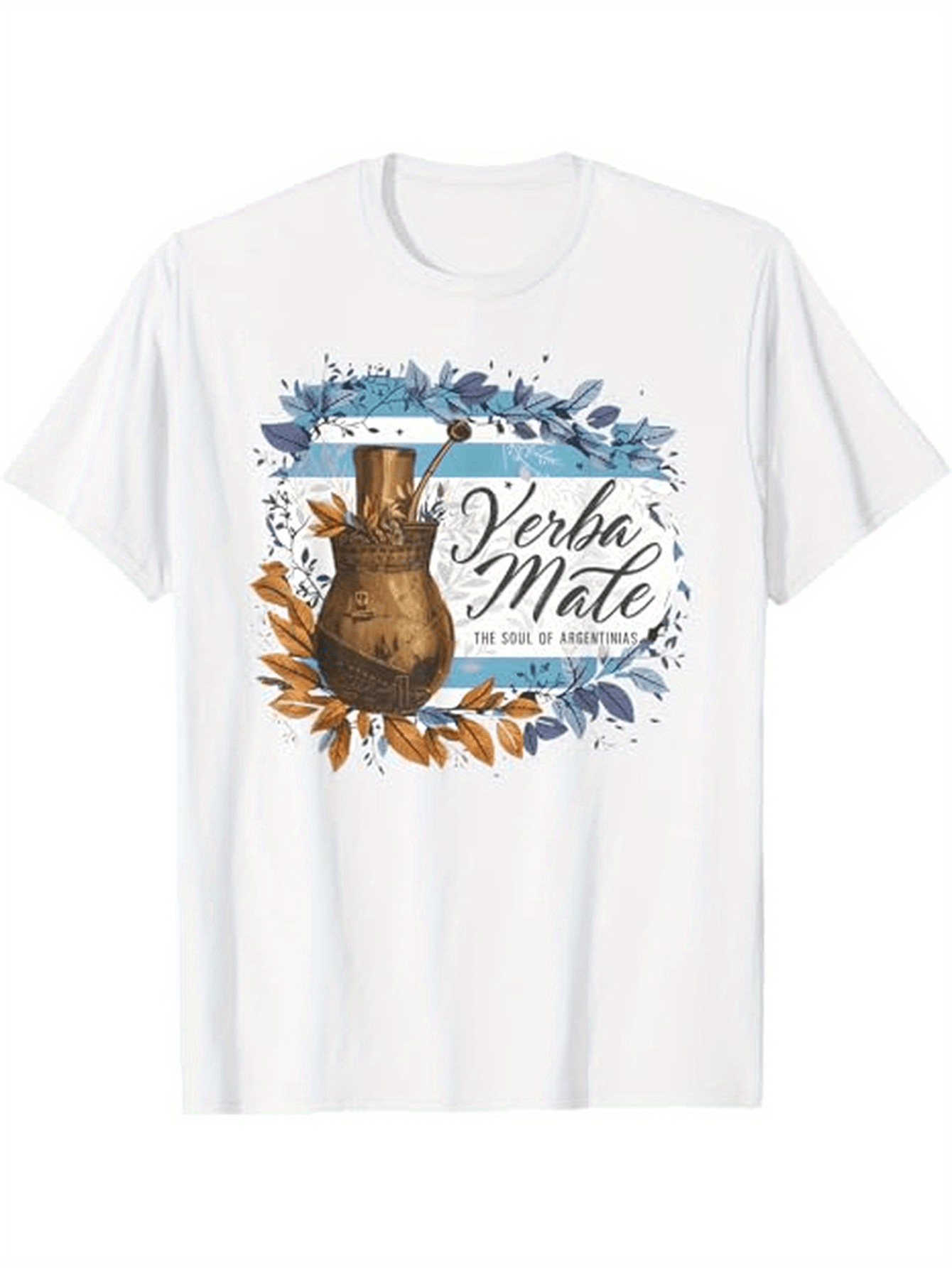 Men's Graphic T-Shirt Yerba Mate Surrounded By Autumn Leaves With Decorative Floral Vase