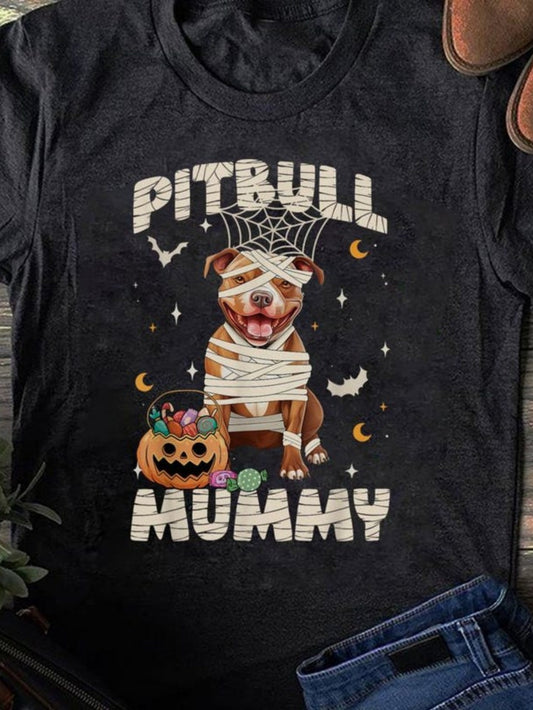 Men's Graphic T-Shirt Pitbull Mummy Wrapped In Bandages With Pumpkin Lantern And Halloween Bats Pitbull