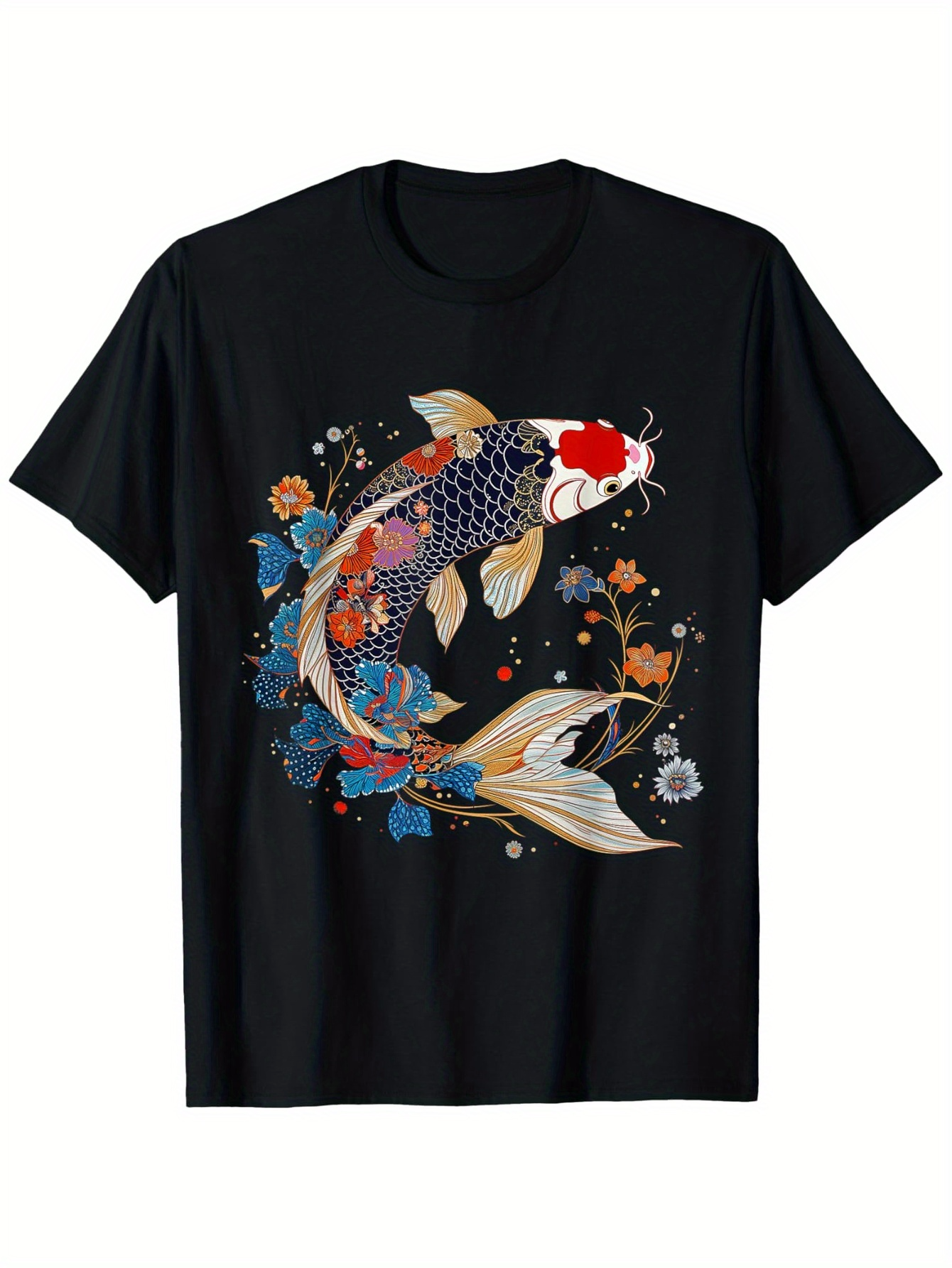 Men's Graphic T-Shirt Elegant Watercolor Flowers With Artistic Japanese Style Patterned Koi Fish