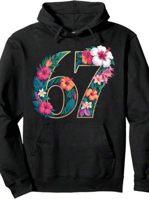 Men's Graphic Hoodie Colorful Tropical Hibiscus Flowers Forming Bold Number Sixty Seven