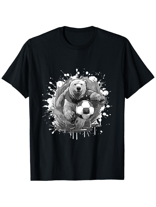 Men's Graphic T-Shirt Splashing Paint Grizzly Bear With Realistic Soccer Ball In Action