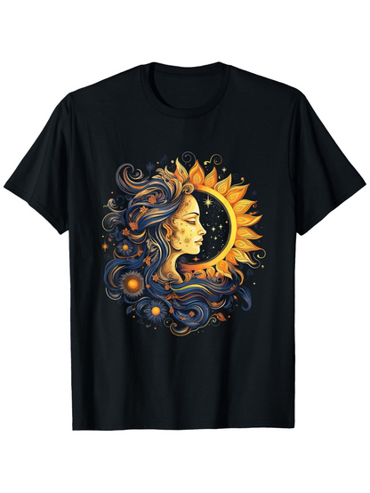 Men's Graphic T-Shirt Whimsical Celestial Glow With Stars Sun And Woman Face