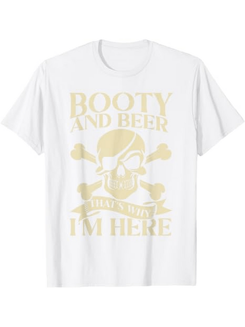 Men's Graphic T-Shirt Booty And Beer Pirate Skull With Eyepatch Crossed Bones And Banner