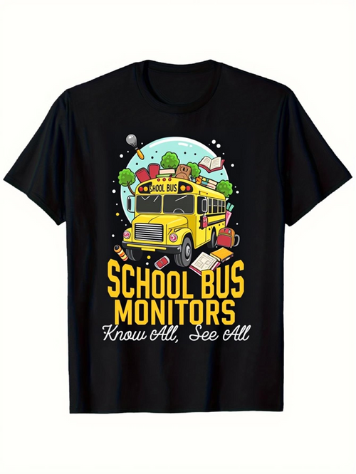 Men's Graphic T-Shirt School Bus Monitors Under Colorful Sky With Floating Books Trees And Big Yellow Bus