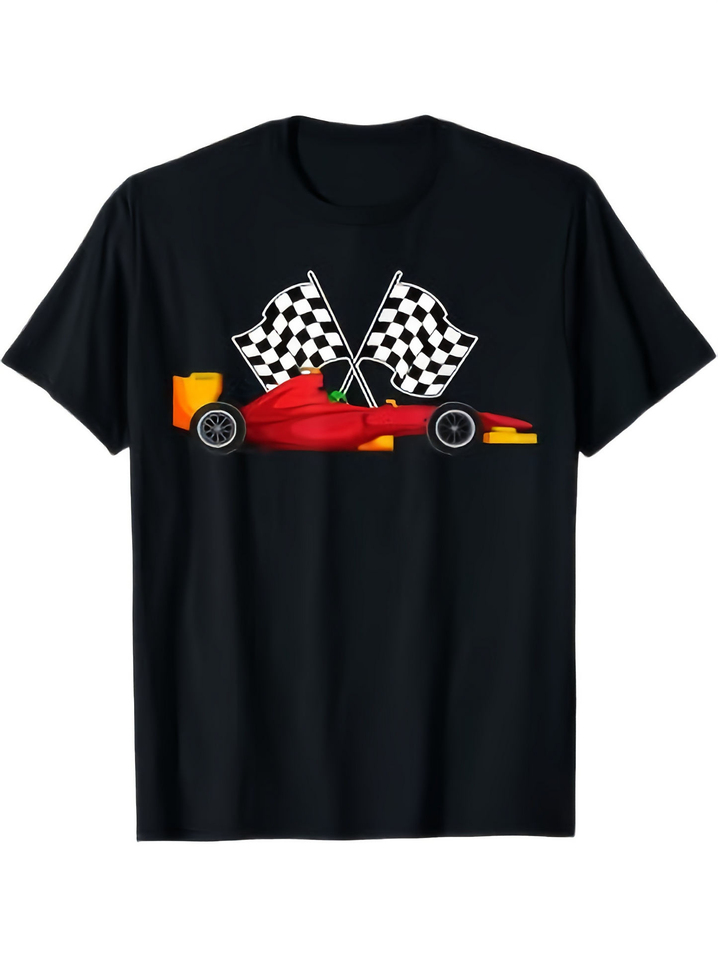 Men's Graphic T-Shirt Classic Racecar With Black And White Checkered Flags Behind Fast Car