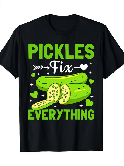 Men's Graphic T-Shirt Pickles Fix Everything Bright Green Cartoon Hearts With Sliced Cucumber Pickle