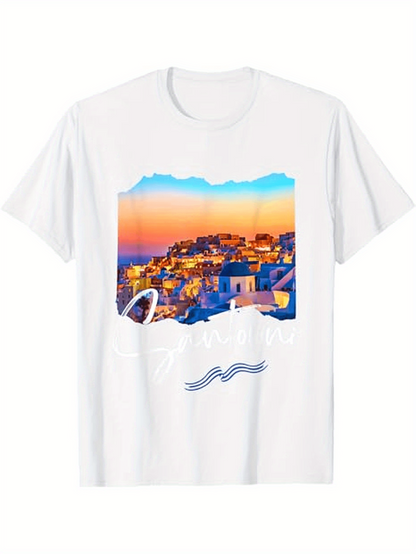 Men's Graphic T-Shirt Colorful Sunset Over Coastal White Houses Scenic View