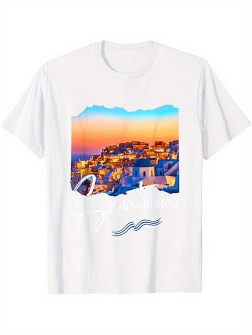 Men's Graphic T-Shirt Colorful Sunset Over Coastal White Houses Scenic View