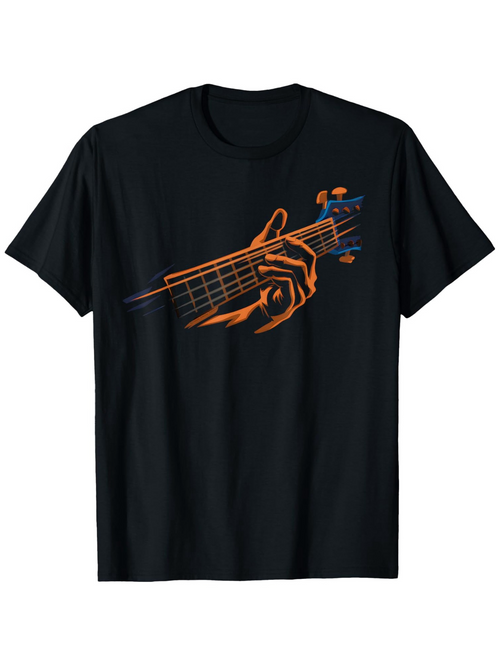 Men's Graphic T-Shirt Retro Orange Blue Hand Illustrating Playing Guitar Strings