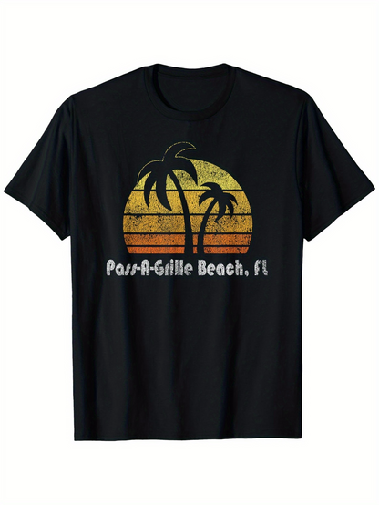 Men's Graphic T-Shirt PassAGrille Beach FL Retro Sunset With Palm Trees On Black Shirt