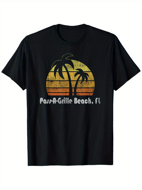 Men's Graphic T-Shirt PassAGrille Beach FL Retro Sunset With Palm Trees On Black Shirt