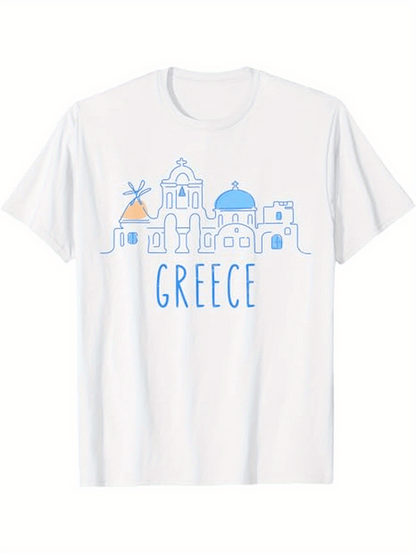 Men's Graphic T-Shirt Greece Iconic Blue Domes With Windmill And Coastal Cityscape Building