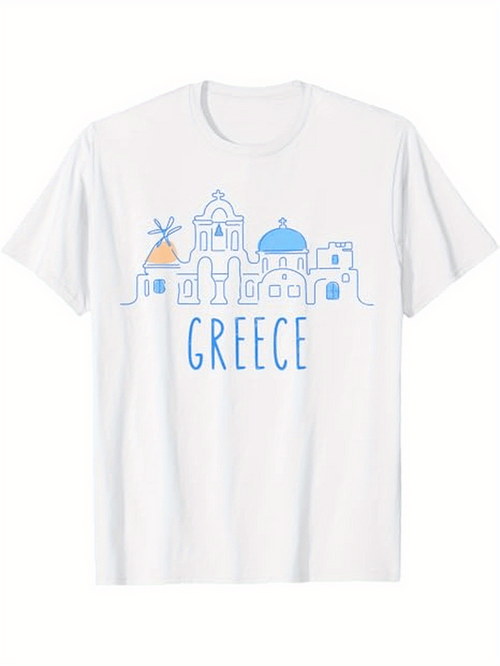 Men's Graphic T-Shirt Greece Iconic Blue Domes With Windmill And Coastal Cityscape Building