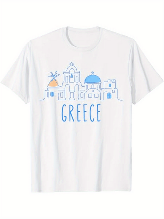 Men's Graphic T-Shirt Greece Iconic Blue Domes With Windmill And Coastal Cityscape Building