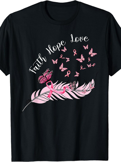 Men's Graphic T-Shirt Faith Hope Love Pink Ribbons Butterflies On Feather T Shirt