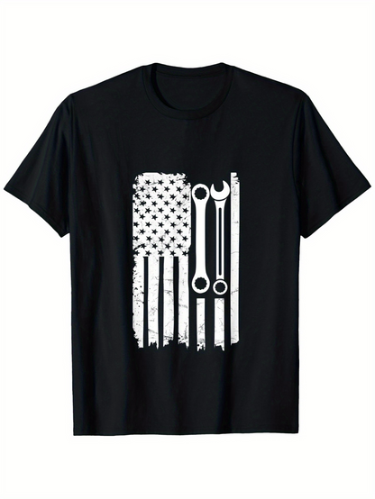 Men's Graphic T-Shirt Grunge American Flag With Industrial Wrenches Vertical Vintage Texture TShirt
