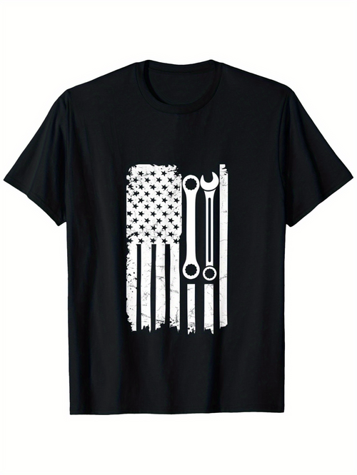 Men's Graphic T-Shirt Grunge American Flag With Industrial Wrenches Vertical Vintage Texture TShirt