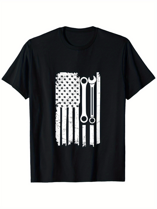 Men's Graphic T-Shirt Grunge American Flag With Industrial Wrenches Vertical Vintage Texture TShirt