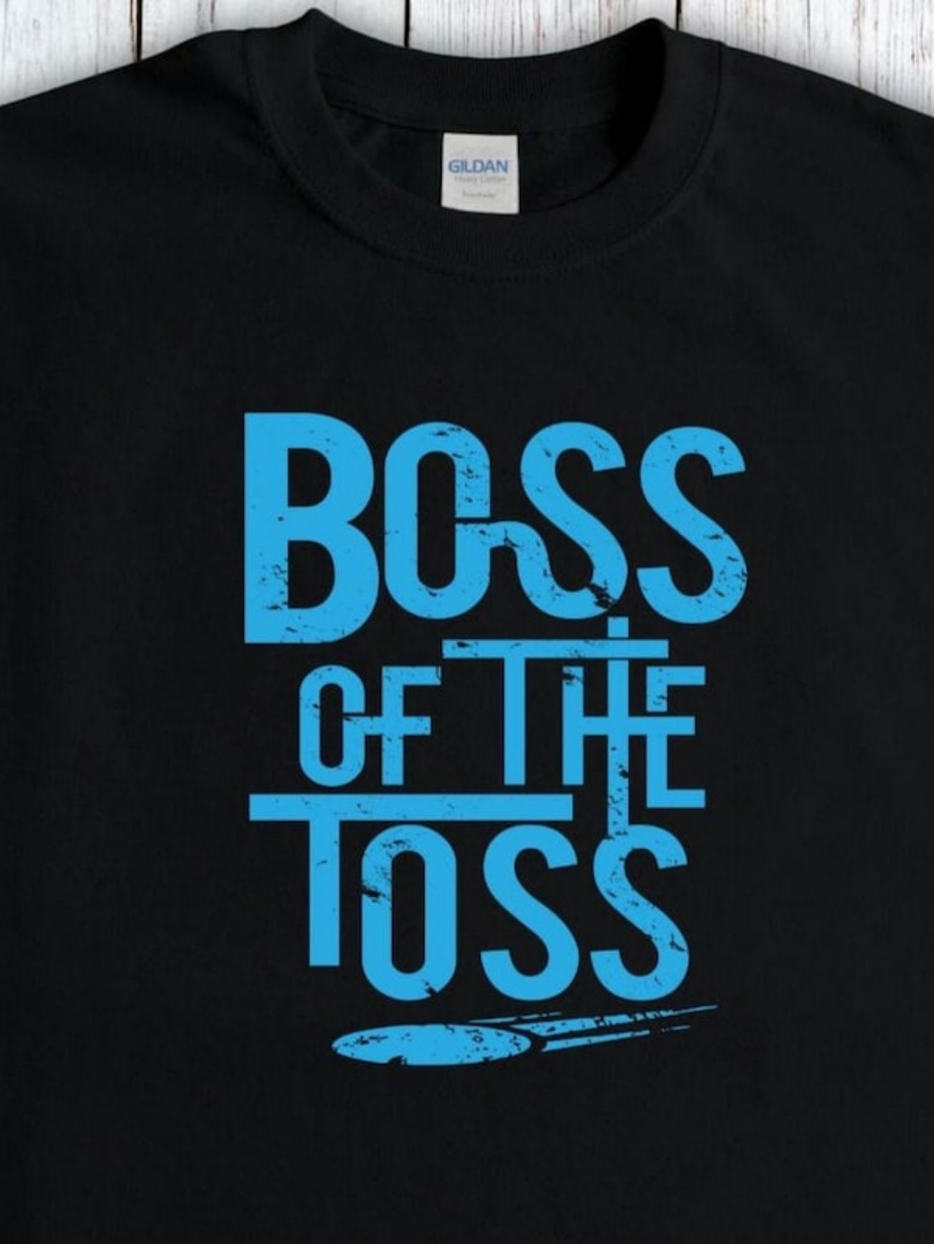 Men's Graphic T-Shirt Boss Of The Toss Blue Distressed Letters And Flying Disk Silhouette Design