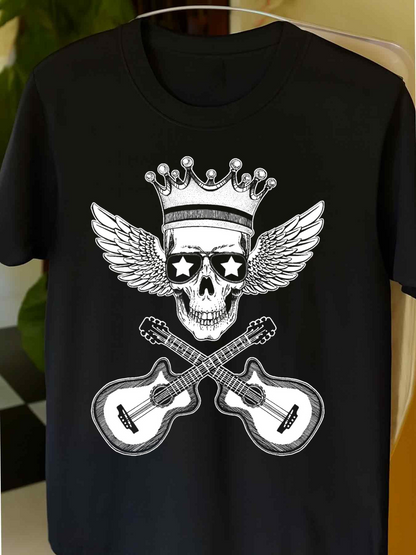 Men's Graphic T-Shirt Flying Crowned Skull With Crossed Guitars Over Black Shirt