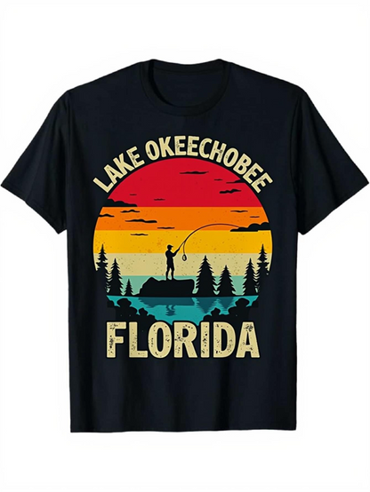 Men's Graphic T-Shirt Lake Okeechobee Florida Vibrant Sunset Sky With Silhouette Of Pine Trees And Fisherman Scene