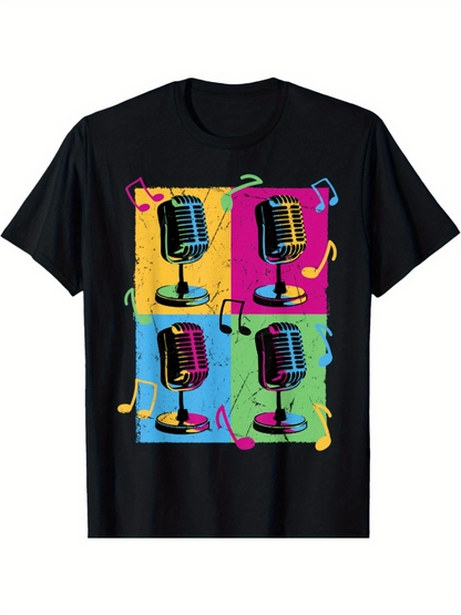 Men's Graphic T-Shirt Vivid Colorful Retro Tunes With Notes And Pop Art Microphone