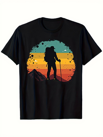 Men's Graphic T-Shirt Vintage Rainbow Mountain Sunset With Silhouette Hiking Backpacker