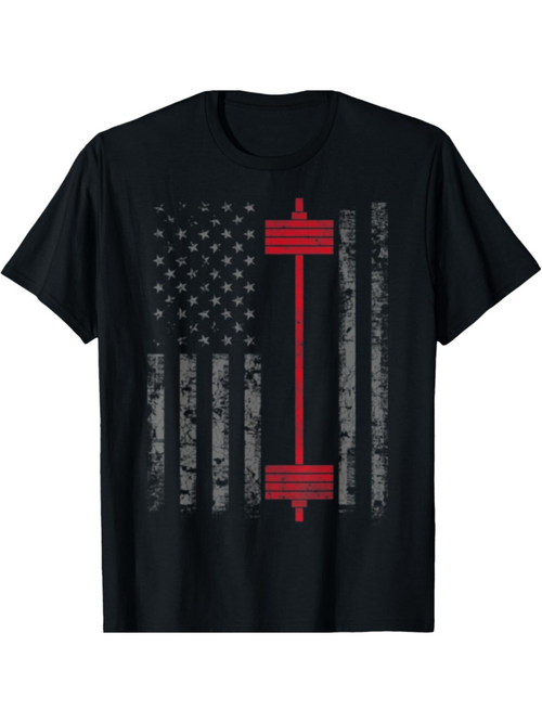 Men's Graphic T-Shirt Distressed American Flag And Red Weightlifting Barbell Graphic Tee