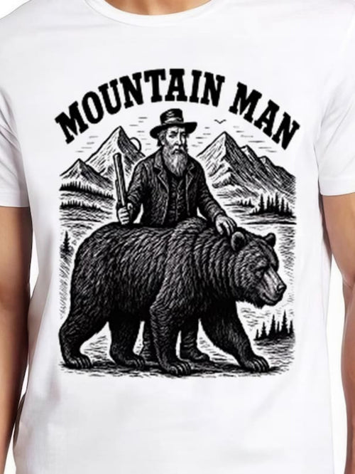 Men's Graphic T-Shirt Mountain Man With Rugged Wilderness And Looming Bear In Mountain Landscape