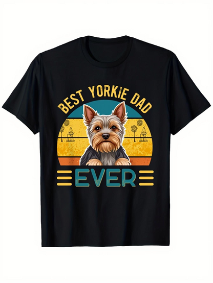 Men's Graphic T-Shirt Best Yorkie Dad Ever With Vintage Stripes And Adorable Puppy Dog