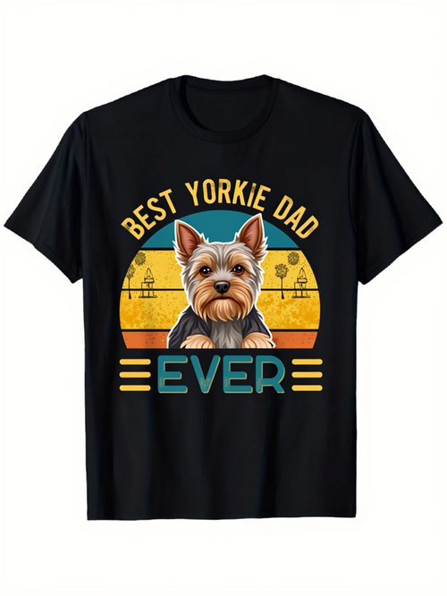 Men's Graphic T-Shirt Best Yorkie Dad Ever With Vintage Stripes And Adorable Puppy Dog