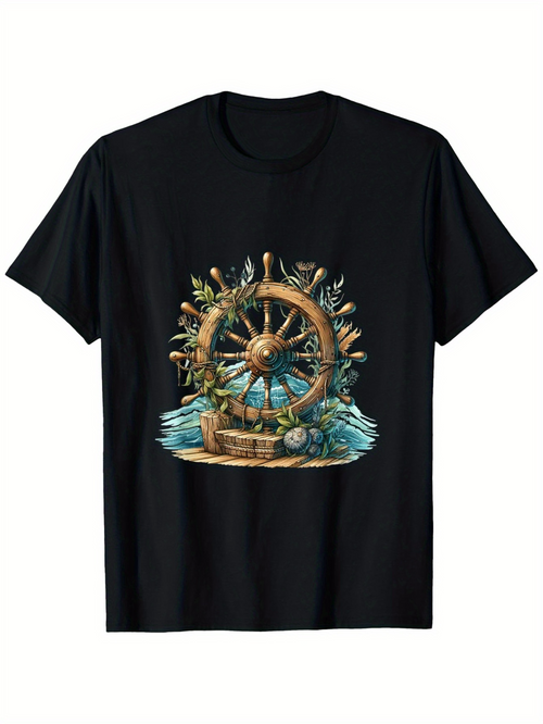 Men's Graphic T-Shirt Ocean Breeze Waves With Seashells Palms And Rustic Ship Wheel