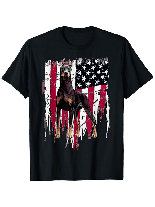 Men's Graphic T-Shirt Distrressed American Flag With Watchful Doberman Dog Standing Proudly