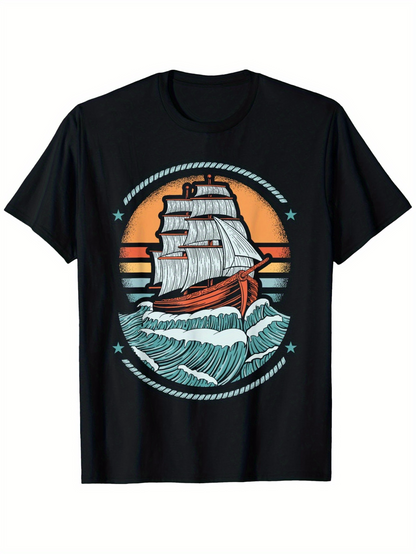 Men's Graphic T-Shirt Sunset Orange With Rolling Sea Waves Old Fashioned Sailing Ship