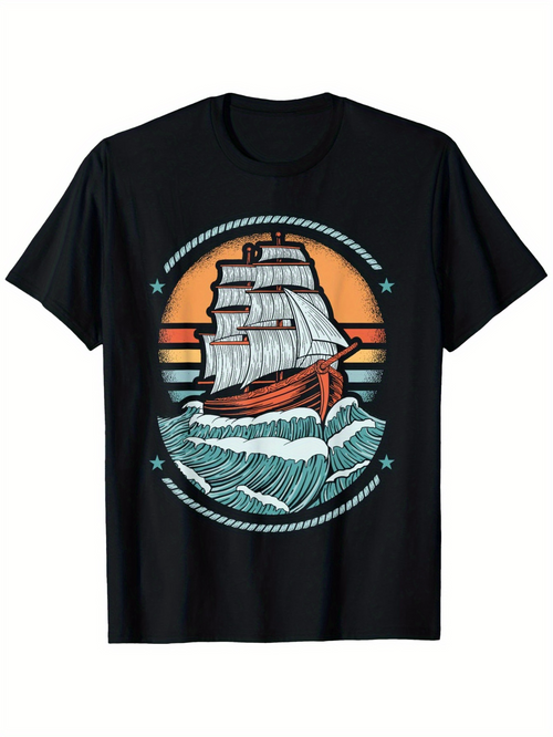 Men's Graphic T-Shirt Sunset Orange With Rolling Sea Waves Old Fashioned Sailing Ship