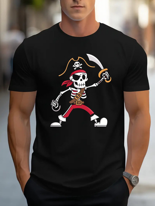 Men's Graphic T-Shirt Cartoon Skeleton With Sword Pirate Hat And Red Pants Pirate