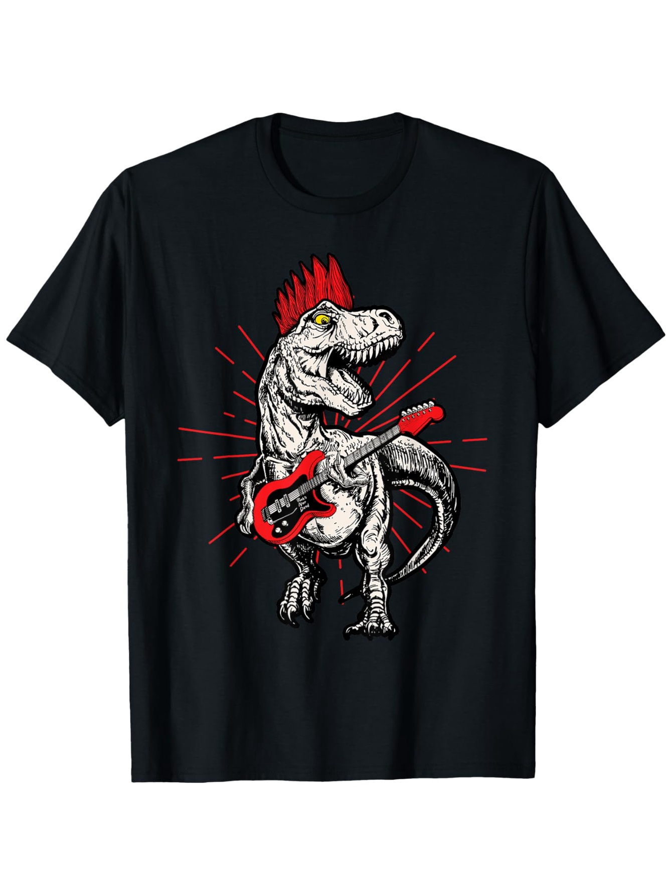 Men's Graphic T-Shirt Cartoon Dinosaur With Red Guitar And Mohawk Hair Dinosaur