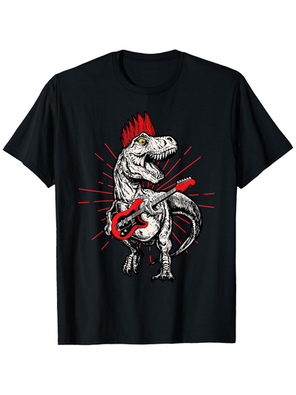 Men's Graphic T-Shirt Cartoon Dinosaur With Red Guitar And Mohawk Hair Dinosaur