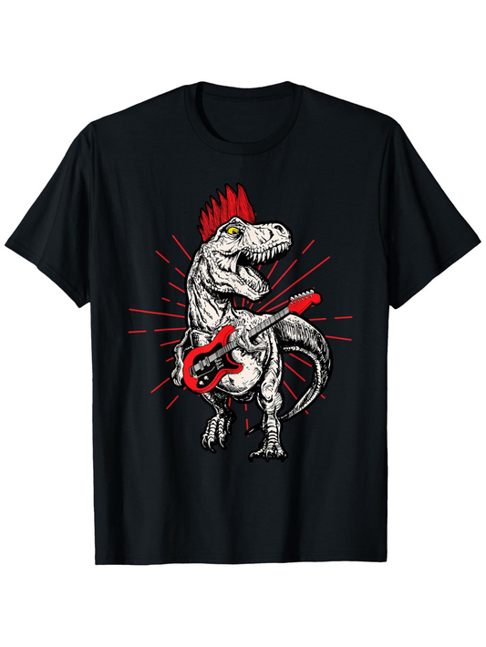 Men's Graphic T-Shirt Cartoon Dinosaur With Red Guitar And Mohawk Hair Dinosaur