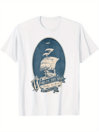 Men's Graphic T-Shirt Vintage Sailing Ship With Gulls Flying Over Calm Blue Ocean