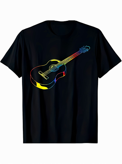 Men's Graphic T-Shirt Colorful Neon Lines Flowing Around Electric Guitar