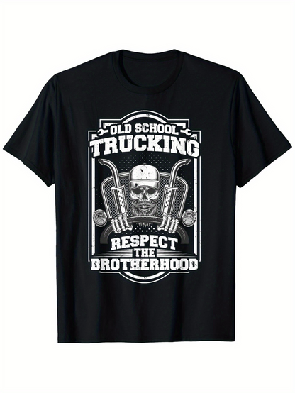 Men's Graphic T-Shirt Old School Trucking Skull With Chrome Engine Pipes Brotherhood