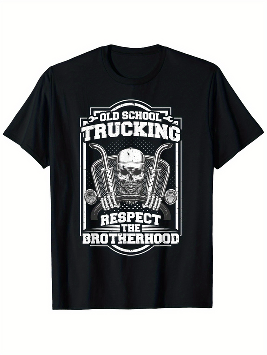 Men's Graphic T-Shirt Old School Trucking Skull With Chrome Engine Pipes Brotherhood