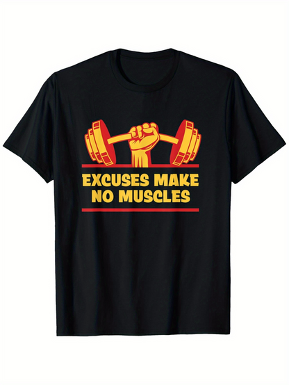 Men's Graphic T-Shirt Excuses Make No Muscles Raised Arm With Barbell Motivational Fitness Slogan T Shirt