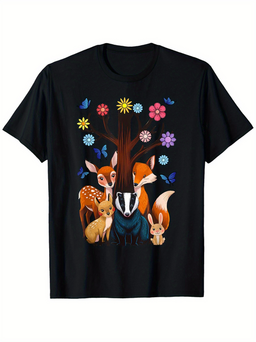 Men's Graphic T-Shirt Forest Animals Under Blooming Flowers And Colorful Butterflies Tree