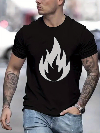 Men's Graphic T-Shirt Monochrome Urban Minimalist Style With Bold Flame Motif Graphic Fire