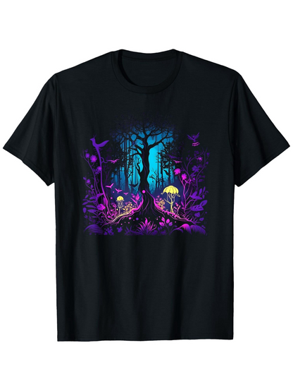 Men's Graphic T-Shirt Glowing Mushrooms Among Enchanted Neon Forest Under Midnight Sky Tree
